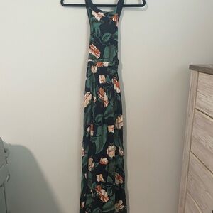 Lulu's Navy Maxi Dress with Green Leaves & Peach Floral Print